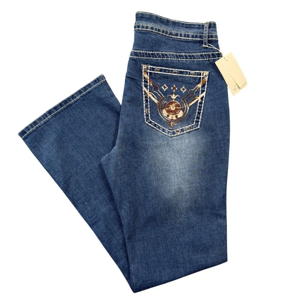 Meet Me Embroidered Bootcut Blue Jeans Womens L NEW Western Cowgirl Festival Y2K